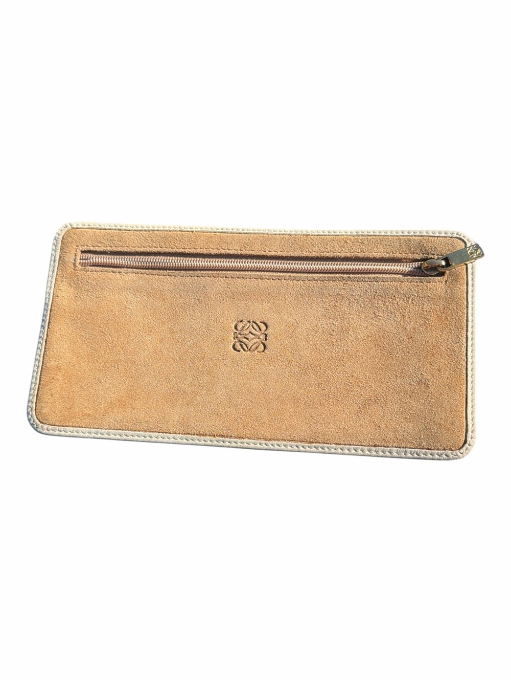 LOEWE Vintage Tan Suede & White Leather Anagram Zip Pouch Spain
